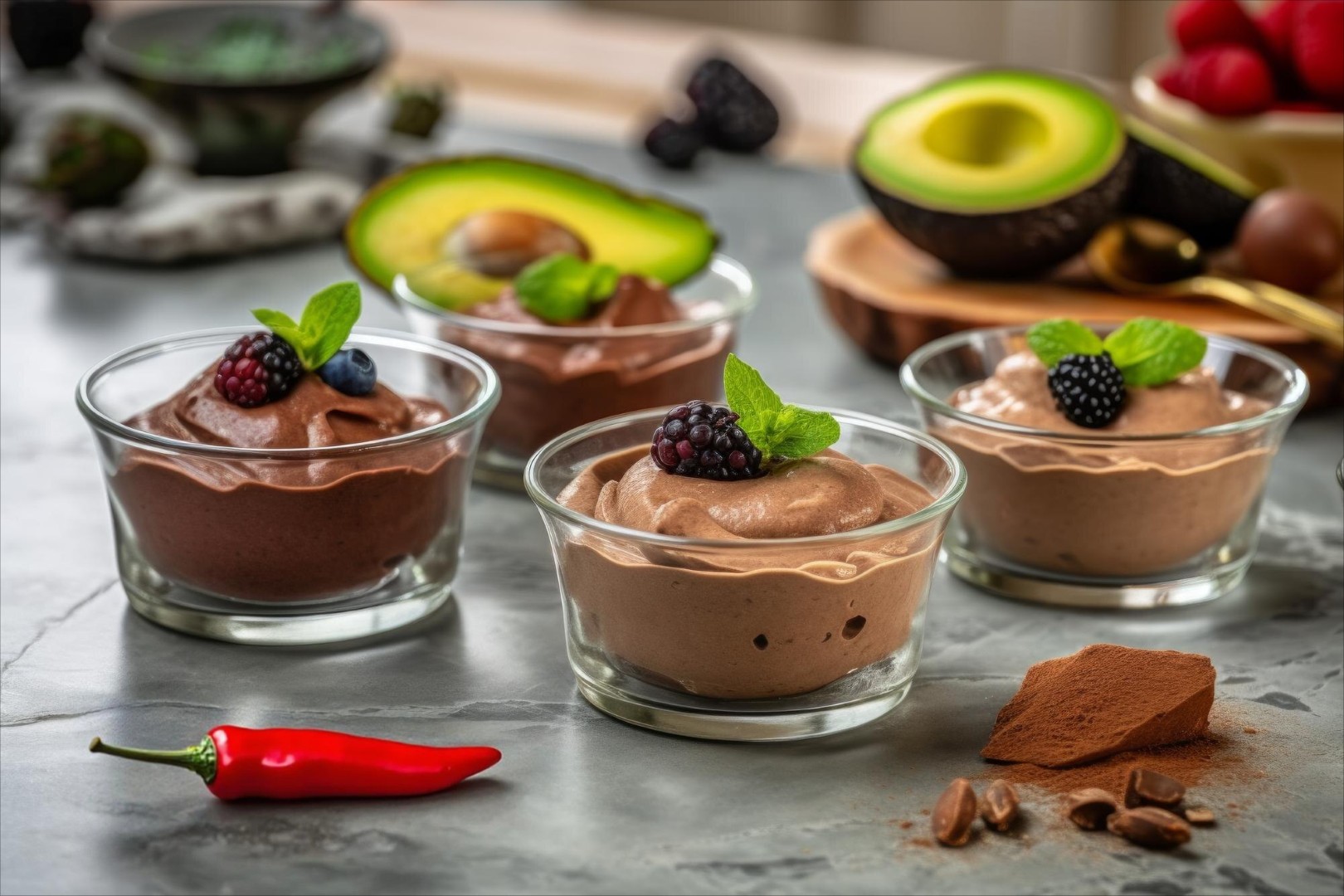 Dunkles Schoko-Avocado-Mousse mit Chili und Zimt